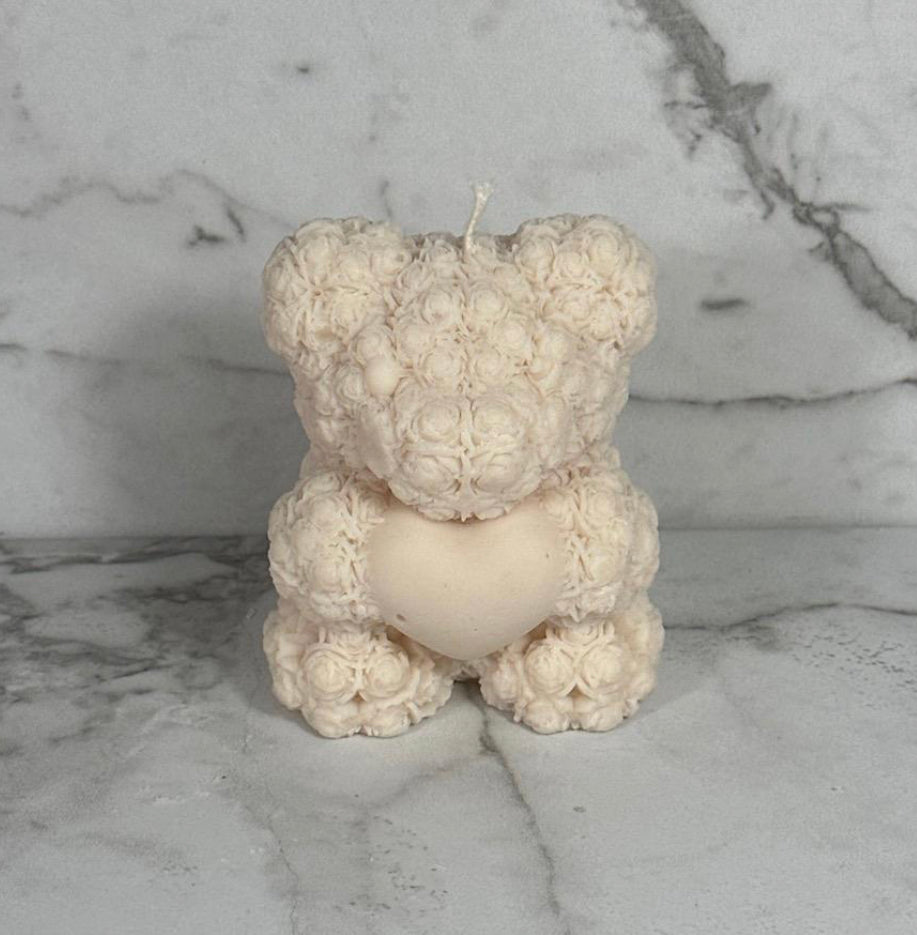 Rose Bear Candle - White
